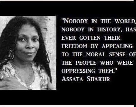 The meme features a black-and-white photograph of a woman with a serious expression. The text accompanying the image is a quote from Assata Shakur, a former Black Panther and activist, who is now in exile in Cuba. The quote reads: "Nobody in the world, nobody in history, has ever gotten their freedom by appealing to the ... (rest of the text is cut off, but the full quote is "Nobody in the world, nobody in history, has ever gotten their freedom by ... appealing to the ... f ...  of ... the ... people who were ... op ...  ing ... them.")